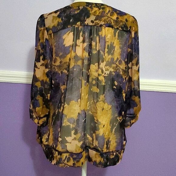 UO Staring at the Stars Boho Brown Smokey Abstrsct Pleated Cuffed Sleeves Top - Picture 6 of 13